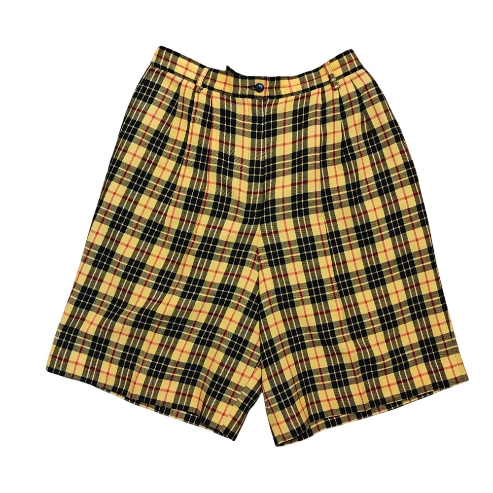Pendleton Plaid Wool Shorts Womens 14 Yellow Black Red Pleated High Rise USA